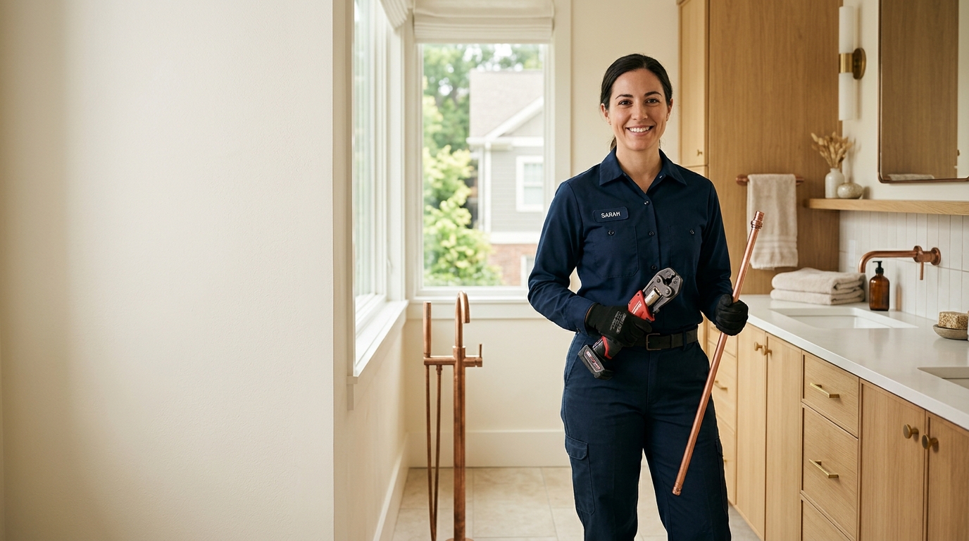 Copperline plumber in a navy uniform inside a bright Charlotte home